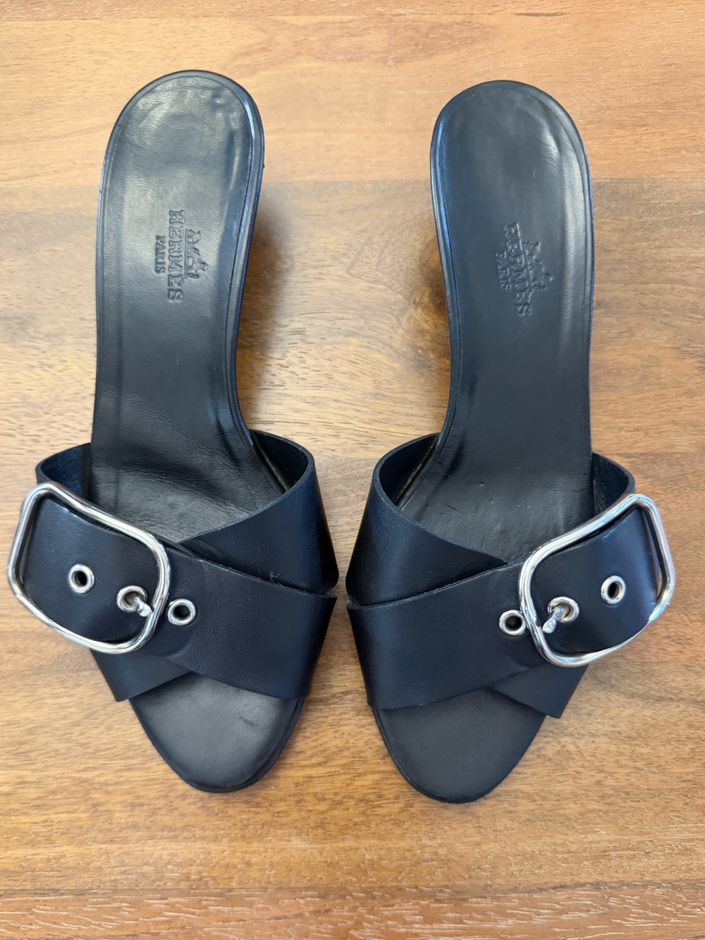 Hermes Black Leather Slide Mules with Silver Buckle Accent
